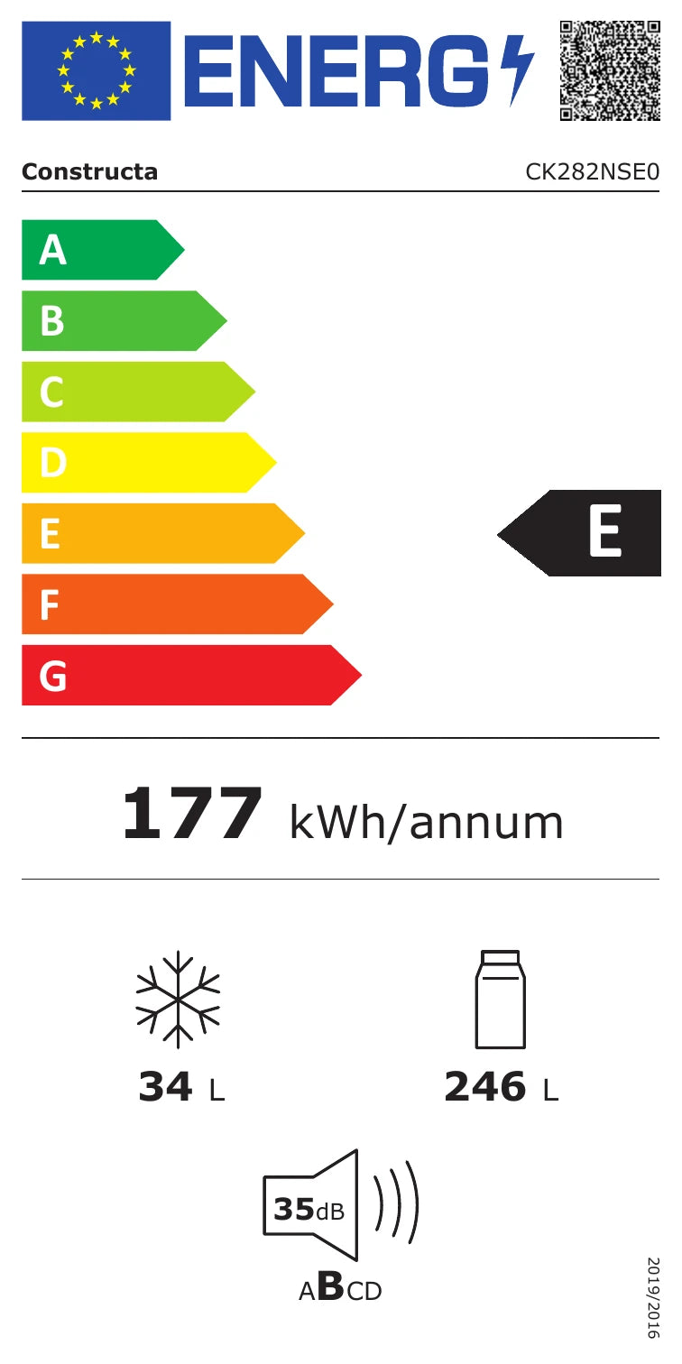 Energielabel CONSTRUCTA CK282NSE0 Einbau-Kühlschrank mit Gefrierfach XXL-Frischlade LED SuperKühlen – Klasse E