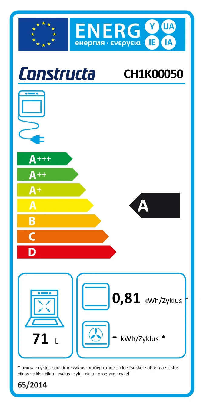 Energielabel CONSTRUCTA CX3HS601 Einbau-Herd-Set mit Backofen, Elektro-Kochfeld und Reinigungssystem – Klasse A